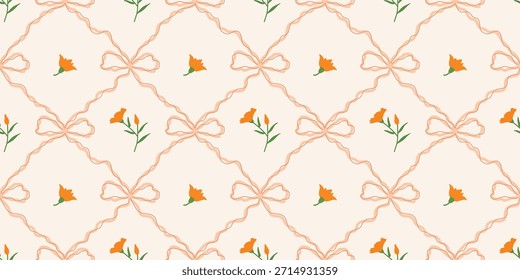 Coquette Blumengitter nahtloses Muster mit Schleifen, Bändern. Preppy Frühjahr Sommer handgezeichnete Blumen. Botanisch eleganter trendiger Druck. Vintage-Design für Stoff, Tapete, Dekor, Hintergrund