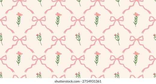 Coquette Floral trellis seamless pattern with bows, ribbons. Preppy spring summer hand drawn flowers. Botanical elegant trendy print. Vintage design for fabric, wallpaper, decor, background