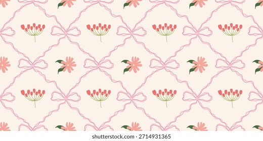 Coquette Blumengitter nahtloses Muster mit Schleifen, Bändern. Preppy Frühjahr Sommer handgezeichnete Blumen. Botanisch eleganter trendiger Druck. Vintage-Design für Stoff, Tapete, Dekor, Hintergrund