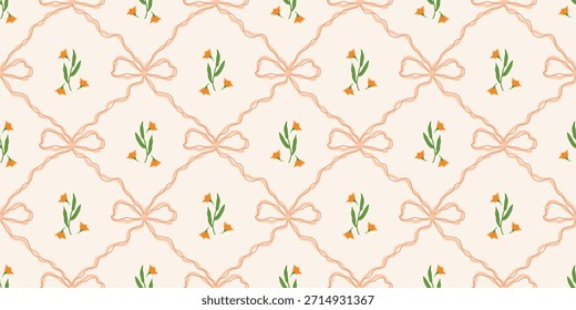 Coquette Blumengitter nahtloses Muster mit Schleifen, Bändern. Preppy Frühjahr Sommer handgezeichnete Blumen. Botanisch eleganter trendiger Druck. Vintage-Design für Stoff, Tapete, Dekor, Hintergrund