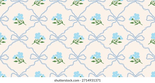 Coquette Blumengitter nahtloses Muster mit Schleifen, Bändern. Preppy Frühjahr Sommer handgezeichnete Blumen. Botanisch eleganter trendiger Druck. Vintage-Design für Stoff, Tapete, Dekor, Hintergrund