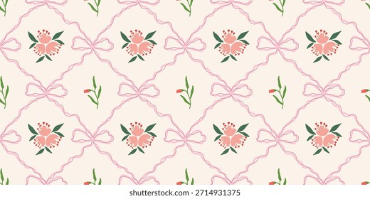 Coquette Floral trellis seamless pattern with bows, ribbons. Preppy spring summer hand drawn flowers. Botanical elegant trendy print. Vintage design for fabric, wallpaper, decor, background