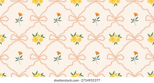 Coquette Blumengitter nahtloses Muster mit Schleifen, Bändern. Preppy Frühjahr Sommer handgezeichnete Blumen. Botanisch eleganter trendiger Druck. Vintage-Design für Stoff, Tapete, Dekor, Hintergrund