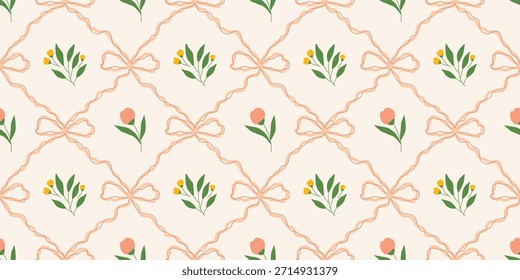 Coquette Blumengitter nahtloses Muster mit Schleifen, Bändern. Preppy Frühjahr Sommer handgezeichnete Blumen. Botanisch eleganter trendiger Druck. Vintage-Design für Stoff, Tapete, Dekor, Hintergrund