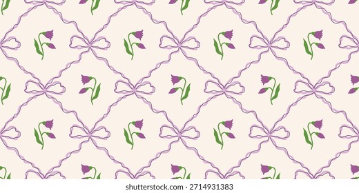 Coquette Blumengitter nahtloses Muster mit Schleifen, Bändern. Preppy Frühjahr Sommer handgezeichnete Blumen. Botanisch eleganter trendiger Druck. Vintage-Design für Stoff, Tapete, Dekor, Hintergrund