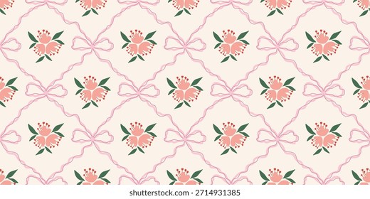Coquette Blumengitter nahtloses Muster mit Schleifen, Bändern. Preppy Frühjahr Sommer handgezeichnete Blumen. Botanisch eleganter trendiger Druck. Vintage-Design für Stoff, Tapete, Dekor, Hintergrund