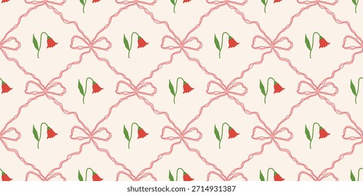 Coquette Blumengitter nahtloses Muster mit Schleifen, Bändern. Preppy Frühjahr Sommer handgezeichnete Blumen. Botanisch eleganter trendiger Druck. Vintage-Design für Stoff, Tapete, Dekor, Hintergrund