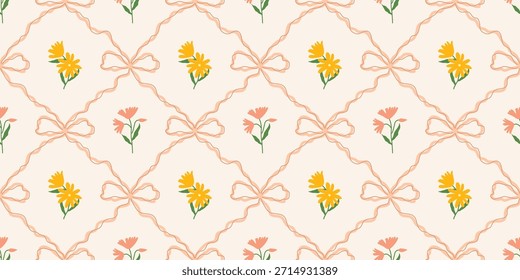Coquette Blumengitter nahtloses Muster mit Schleifen, Bändern. Preppy Frühjahr Sommer handgezeichnete Blumen. Botanisch eleganter trendiger Druck. Vintage-Design für Stoff, Tapete, Dekor, Hintergrund
