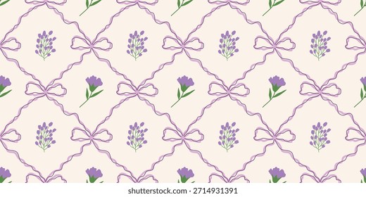 Coquette Blumengitter nahtloses Muster mit Schleifen, Bändern. Preppy Frühjahr Sommer handgezeichnete Blumen. Botanisch eleganter trendiger Druck. Vintage-Design für Stoff, Tapete, Dekor, Hintergrund