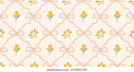 Coquette Blumengitter nahtloses Muster mit Schleifen, Bändern. Preppy Frühjahr Sommer handgezeichnete Blumen. Botanisch eleganter trendiger Druck. Vintage-Design für Stoff, Tapete, Dekor, Hintergrund