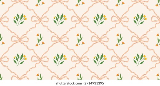 Coquette Blumengitter nahtloses Muster mit Schleifen, Bändern. Preppy Frühjahr Sommer handgezeichnete Blumen. Botanisch eleganter trendiger Druck. Vintage-Design für Stoff, Tapete, Dekor, Hintergrund