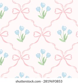 Coquette Floral trellis seamless pattern with bows and ribbons. Preppy spring summer hand drawn flowers. Botanical elegant trendy print. Vintage design for fabric, wallpaper, decor, background, paper
