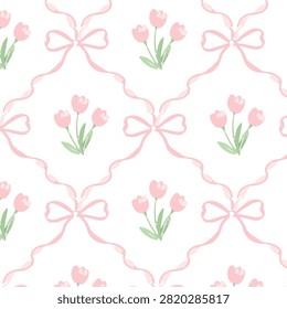 Coquette Floral trellis seamless pattern with bows and ribbons. Preppy spring summer hand drawn flowers. Botanical elegant trendy print. Vintage design for fabric, wallpaper, decor, background, paper
