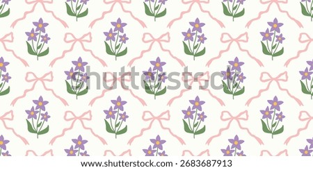 Coquette Floral trellis seamless pattern with bows and ribbons. Preppy spring summer hand drawn flowers. Botanical elegant trendy print. Vintage design for fabric, wallpaper, decor, background, paper