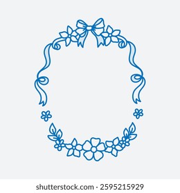Coquette frame of blue bows, ribbons, flowers, leaves. Spring or summer oval border. Vintage whimsical background for greeting cards, wedding, invitations, social media