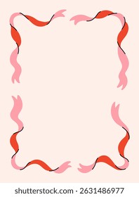 Coquette frame of cute pink ribbons. Flat design trendy border template. Preppy decor. Vintage background for greeting cards, invitations