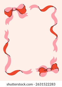 Coquette frame of cute pink ribbons and charming bows. Flat design trendy border template. Preppy decor with bowknots. Vintage background for greeting cards, invitations
