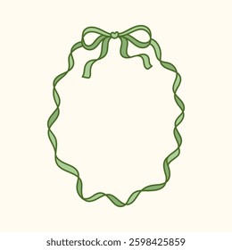 Coquette frame of pretty charming green bow and ribbon. Hand drawn holiday oval border. Vintage whimsical background for greeting cards, wedding, invitations, social media. Natural colors