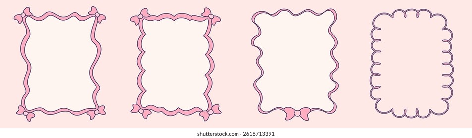 Coquette frame with ribbon and bow for valentne design. Coquette border with elegant line. Frame vintage cute style. Vector romantic illustration	