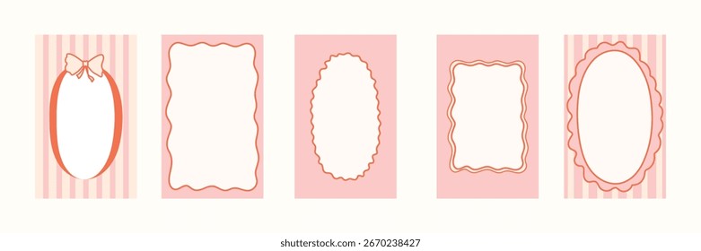 Coquette frames with doodle bows, ribbons. Hand Drawn whimsical line borders for birthday, christmas, wedding Invitations, menu. Vintage minimalist elements template. Trendy isolated Vector illustrati