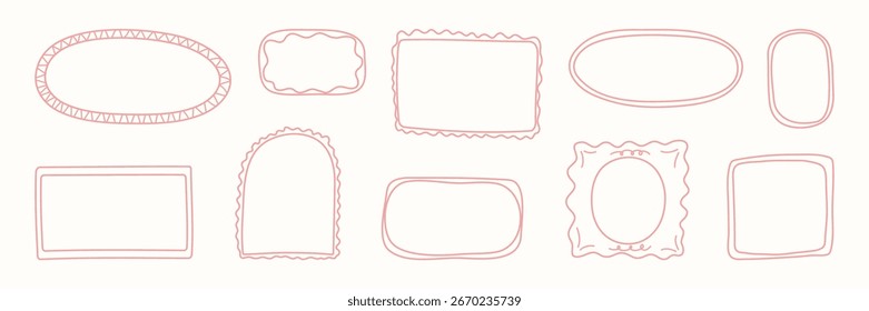 Marcos de coqueta con cintas de doodle. Bordes de línea caprichosa rosa dibujado a mano para cumpleaños, Navidad, boda, invitaciones, menú. Plantilla de Elementos minimalistas de Antiguas. Vector aislado de moda illustratio