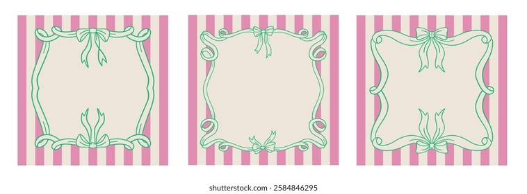Coquette frames set with wavy lines, bows, ribbons. Collection of outline scallop frame border in striped background. Retro frame wavy border. Wavy frame with bows. Vector illustration