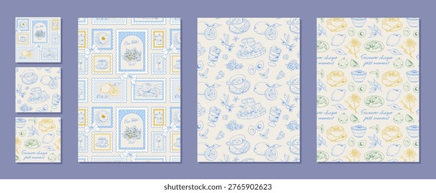 Coquette french breakfast pattern with blue and yellow sketch morning food seamless. Seamless croissant and coffee collection as cute brunch cup cheese background. Whimsical lemon cafe doodle set