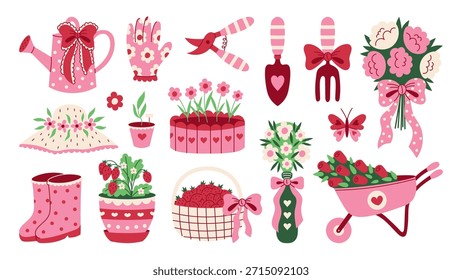 Conjunto de Elementos rosa Coquette Garden. Lindo dibujado a mano Herramientas de jardinería atadas con arcos, flores y bayas. Estética romántica femenina. colección de Ilustración vectorial.