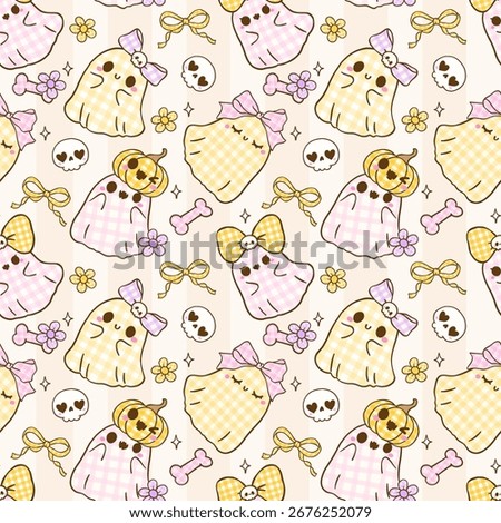 Coquette Gingham Ghost Halloween Seamless Pattern Spooky Ghost Girl with Bow Wallpaper printable