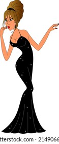 coquette girl in a black evening dress sends an air kiss