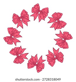 Coqueta borde femenino. Marco redondo de lazos rosas. Ilustración plana para tarjetas, invitaciones, Plantillas de vacaciones y texto.