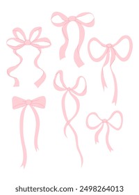 Coquette girly pink ribbon bow collection. Isolated aesthetic trend girls accessories elements. Vector illustration.
