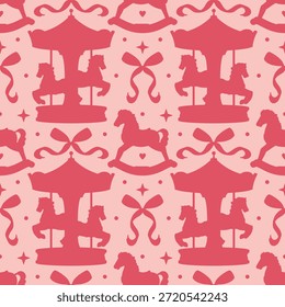 A coquette girly seamless pattern in pink tones featuring silhouettes of princesses bows, carousels, rocking horses. A romantic and playful vector background for feminine designs.