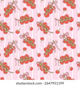 Coquette feminino tomate bando sem costura padrão com laço de fita na mão desenhado para o tecido de cozinha de verão, papel digital e decoração estética foodie