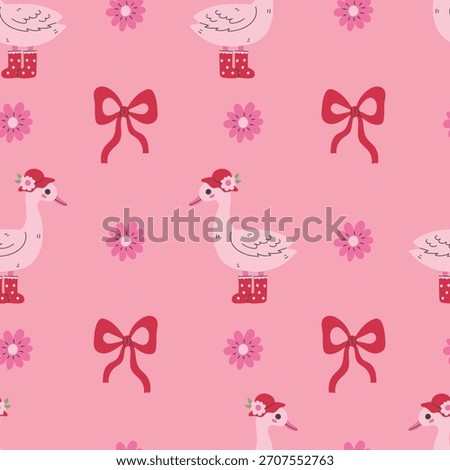 Coquette Goose with Bow Seamless Pattern. Cute Kawaii Cottagecore Farm Animal Pink Girlish Background with daisy flowers and Ribbons. Poultry repeat vector illustration