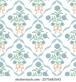 Coquette grandmillennial seamless pattern with gentle flowers and bow, ribbon. Soft blue cottagecore trellis print. Vector floral wallpaper, retro repeat background, textile design, vintage paper.