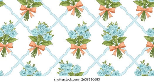 Coquette grandmillennial seamless pattern with gentle flowers and bow, ribbon. Soft blue cottagecore trellis print. Vector floral wallpaper, retro repeat background, textile design, vintage paper