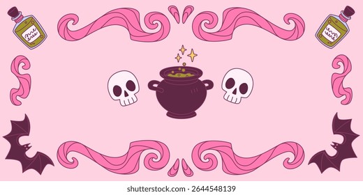 Coquette halloween frame with pink ribbon swirls, skulls and cauldron, potion bottles, bat with wings and sparkles. Pastel decorative border for girly spooky invitations or October party designs.