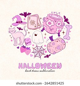 coquette Halloween in heart sharp sublimation clipart, vector spooky happy holiday text kit, creepy ghost shape, skeleton. Smiling pumpkin, witch hat, black cat cemetery gate tombstone grave, vintage