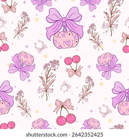 Coquette Halloween pattern seamless, vintage flowers, Vintage Retro Pink Seamless Pattern, purple Vintage Coquette happy Halloween seamless file, Retro pumpkin seamless file, Retro coquette wallpaper