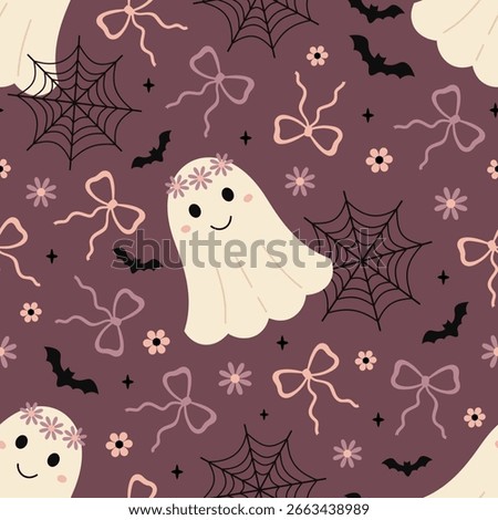 Coquette Halloween seamless pattern with cute ghost, bows, flowers, bats and spiderwebs. Girly Halloween spooky background