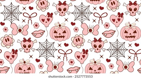 Coquette halloween padrão vetor sem emenda, textura para papel de parede, papel de embrulho, têxtil. Ilustração vetorial