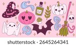 Coquette halloween set with heart patterned witch hat, pink pumpkin, ghost and bat, potion bottle and skull, broom with bow and mushroom. Pastel spooky elements for girly October celebrations.