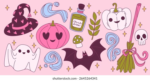 Coquette halloween set with heart patterned witch hat, pink pumpkin, ghost and bat, potion bottle and skull, broom with bow and mushroom. Pastel spooky elements for girly October celebrations.
