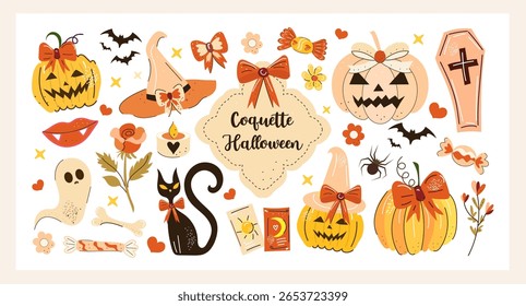 Coquette Halloween vector collection with pastel pumpkins, witch hats, black cat, bows, candy, flowers and spooky cute elements in a girly aesthetic hand-drawn style.
