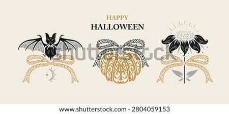 Coquette Halloween Vector Set of Festive Elements with Bows, Bat, Pumpkin, Sunflower