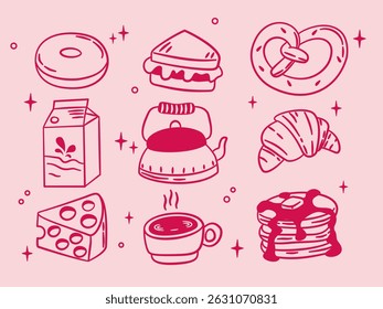 Coquette hand drawn breakfast elements including croissant, sandwich, coffee, and pancake on pink background.
