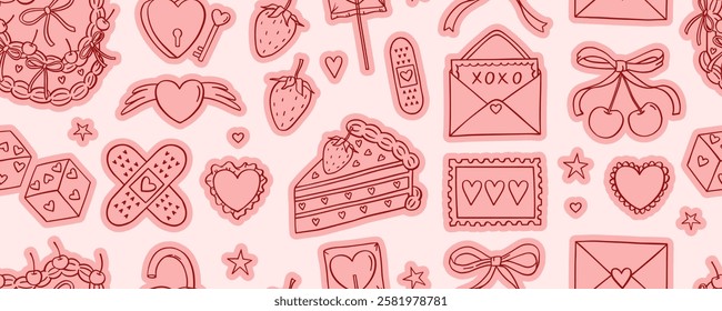 Coquette hand drawn red seamless pattern. Love letter, lock, key, retro cakes, bow, cherry, hearts, dice. Trendy vintage line art