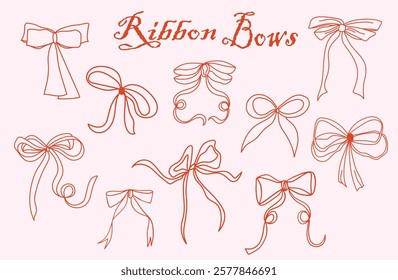 Coquette hand drawn ribbons and bows vector illustration. Cute doodle for greeting cards, wedding invitations, poster design, postcards and more 