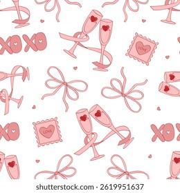 Coquette hand drawn seamless pattern. Champagne glasses, bows, hearts, love coupons. Trendy vintage line art.